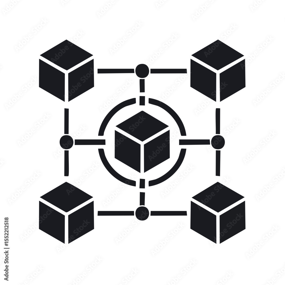 Poster connected blocks network with central node in a dark abstract concept