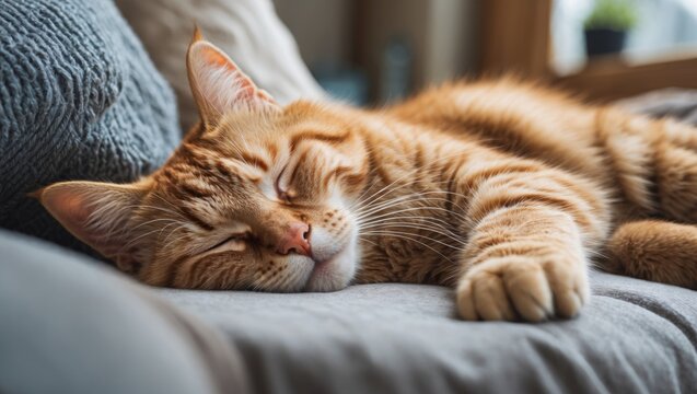 Adorable young orange tabby cat asleep at home, eyes open after a nap. Close-up with empty space for text.