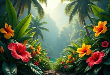 Obraz premium lush tropical foliage vibrant flowers lush green tropical plants bright colors exotic vegetation, leaf, colorful, flora, bougainvillea, orchid, hibiscus