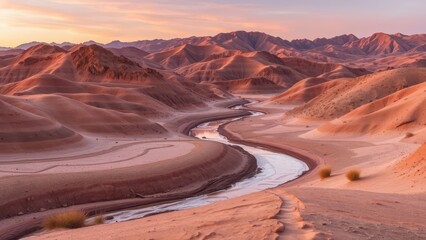 Fototapeta premium Winding River Through Pink Desert Mountains 
