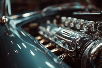 This vintage car engine displays shiny metal components and sophisticated engineering in a well-lit workshop setting