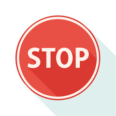 Red Round Stop Sign Indicating Halt with White Letters and Outline and Long Shadow Isolated