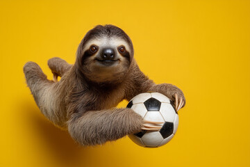 Sloth holding a soccer ball against a bright yellow background showcasing a fun and quirky moment in a playful atmosphere