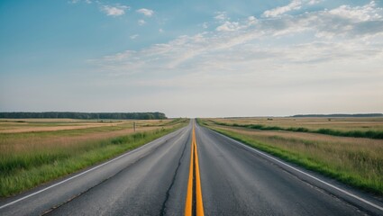 Fototapeta premium American empty road in a rural grassland area with a long straight highway extending into the distance.