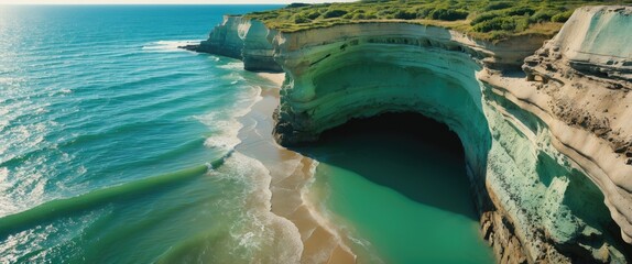 Aerial view of shoreline featuring an old eroded cavern with empty space for text.