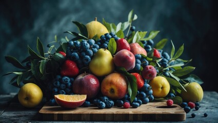 Close-Up of a bouquet of fresh fruits on a cutting board with empty copy space for text.