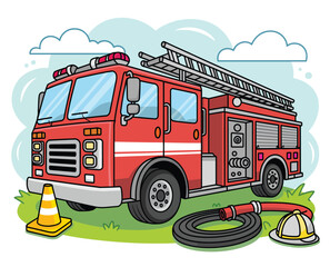 Playful Fire Truck Vector Illustration – Cartoon Emergency Scene with Ladder, Hose, Helmet, and Bright Sky
