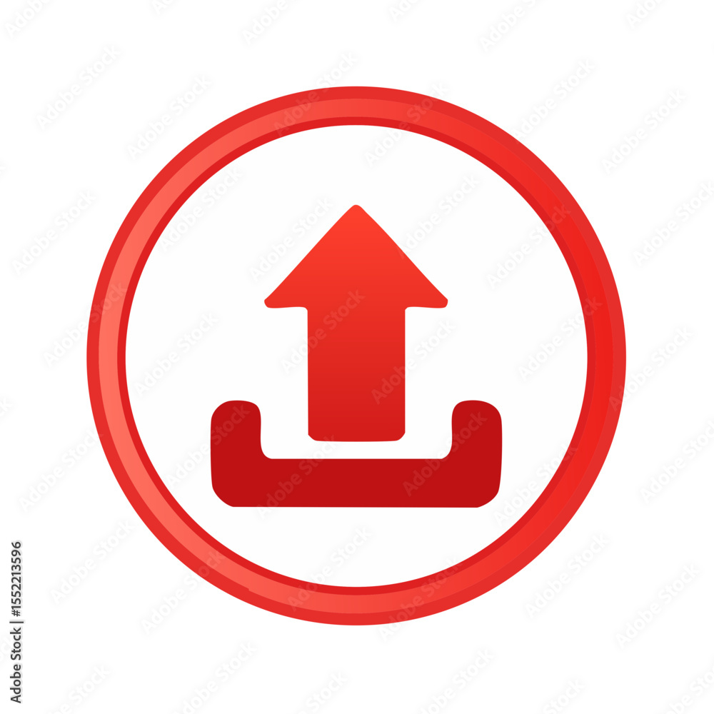 Poster red arrow upload icon isolated on black backdrop signifying file transfer and submission