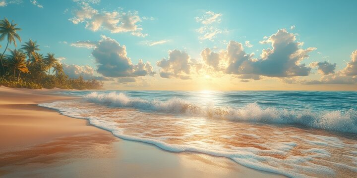 Tranquil sunset view over tropical beach with gentle waves and lush palm trees enhancing the serene atmosphere