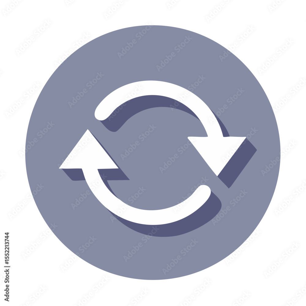 Poster circular arrows conveying rotation process resynchronization or iteration with 3d effect on purple b