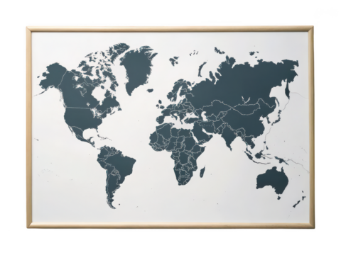 Framed world map art png wall map png vintage map png global map png travel decor png framed map print png artwork png transparent background image