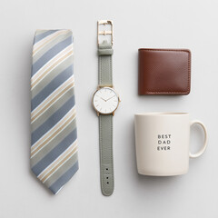 A thoughtful flat lay gift set for a father, featuring a stylish striped tie in blue, grey, and beige, a modern wristwatch with a grey leather strap, a classic brown leather wallet