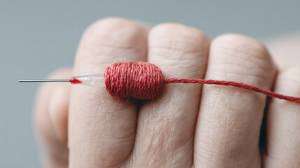 A detailed macro photograph capturing a person's hand during a blood collection or infusion, with a clear view of the tube containing blood and the skin.