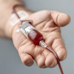 An extreme macro shot focusing on a medical needle partially inserted into a person's skin, with a small amount of blood visible and a red thread wrapped around the needle