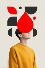 A dynamic and abstract conceptual image featuring a person in a yellow sweater looking upwards, with large red and black geometric shapes, including a prominent red teardrop or blood drop