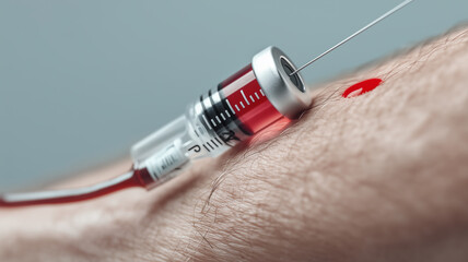 A dramatic close-up of a needle entering the skin, with a single drop of blood emerging, highlighting a medical procedure such as injection or blood collection. 