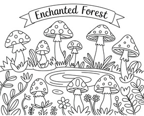 Enchanted Forest Coloring Page – Whimsical Cartoon Mushroom Circle with Stream, Foliage, and Banner Text