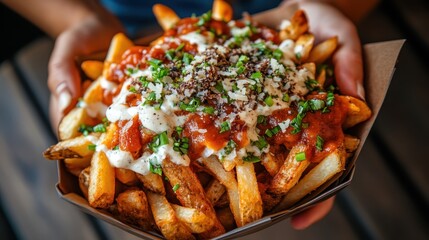 A mouthwatering serving of loaded French fries topped with a variety of sauces, herbs, and garnishes, presenting an irresistible indulgent snack perfect for sharing.