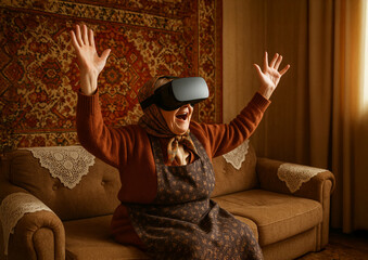 Elderly woman wearing a VR headset sits on a vintage sofa with arms raised in joy. The retro-style room features a patterned carpet on the wall and crochet doilies on furniture.