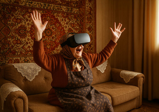 Elderly woman wearing a VR headset sits on a vintage sofa with arms raised in joy. The retro-style room features a patterned carpet on the wall and crochet doilies on furniture. - Powered by Adobe