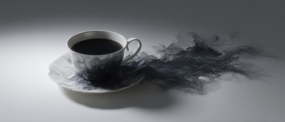 Minimalist Artwork of Black Coffee Cup with Ethereal Smoke Design