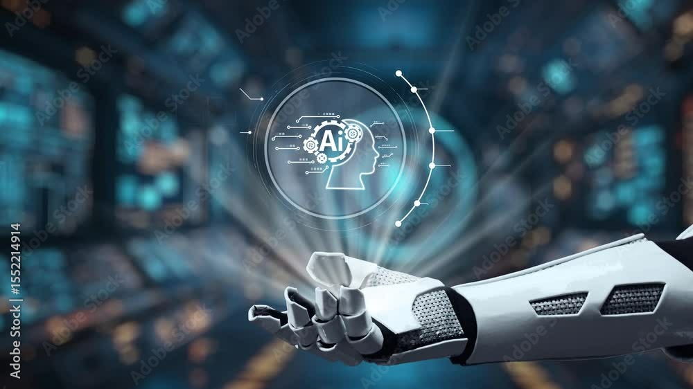 Poster a robotic hand extends forward, presenting concepts of generative ai and data visualizations in a fu