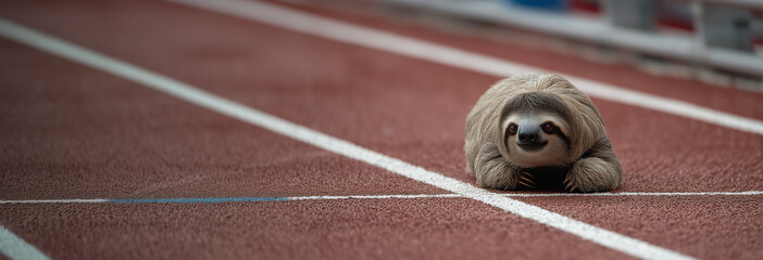 Sloth leisurely resting on a running track, showcasing its relaxed nature and unique appearance in a vibrant sports environment during the day