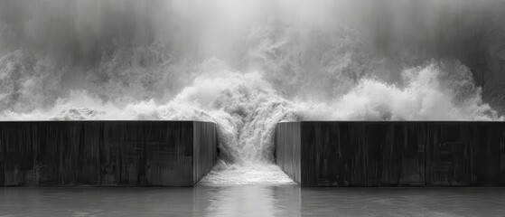 Minimalist Concrete Dam Holding Back Torrent of Water Enclosed Scene