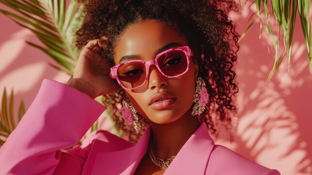A stylish woman poses confidently in trendy pink sunglasses, encapsulating a vibrant and modern aesthetic with a lively background that exudes summer vibes.