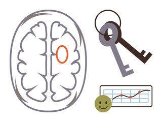 Brain diagram highlighting a specific region, keys indicating access, and a happy graph showing progress. Ideal for memory, research, analysis, success, mental health, strategy and innovation