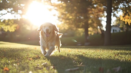 A happy golden retriever runs across a sunny park, joyfully chasing after a thrown ball.