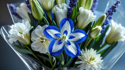 Obraz premium A bouquet of flowers with a blue and white flower in the center. The flowers are in a clear plastic bag.