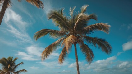 Surfboard and palm tree with blue sky on beach background. Travel adventure sport and summer vacation concept.