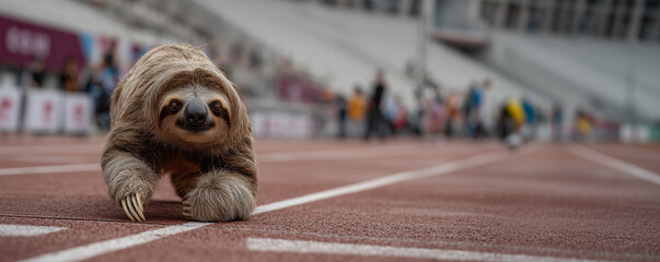 Sloth walking on a running track during an event with blurred spectators in the background at a sports arena