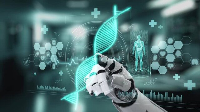 Close up of robotic hand pointing and tapping at DNA hologram with blur laboratory background. Robotic hand clicking at DNA icon to access and connect medical data to diagnosis symptom. Salubrious.