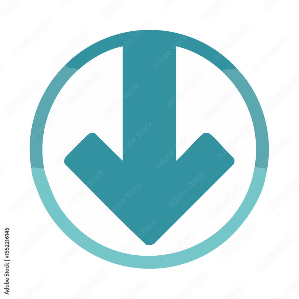 Poster teal downward arrow icon inside a circle emphasizing direction and navigation for web design or ui e