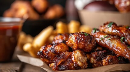 An appetizing presentation of crispy chicken wings glistening with barbecue sauce, served alongside a variety of sides, promising a mouth-watering experience for food lovers.