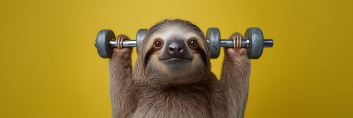 Sloth lifting weights in a vibrant yellow background showcasing strength and determination during a playful workout session