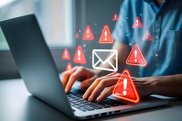 Businessman Typing on Laptop with Cybersecurity Warning Icons – Email Threat, Phishing Attack, Malware Alert, Data Breach, Spam Risk, Online Scam Protection