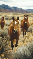 Horses walking through a sagebrush landscape in a remote area during cloudy weather