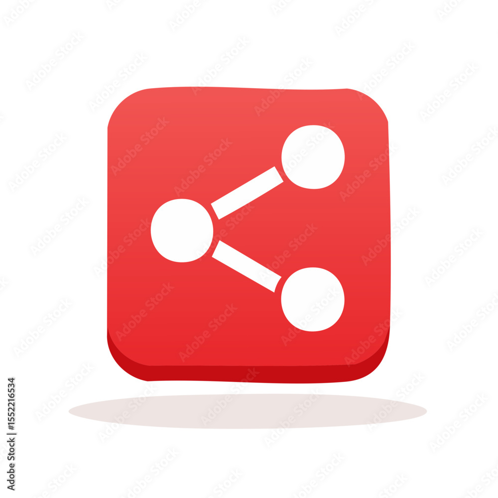 Poster red square button displaying a white share connection network icon for social media platform or appl
