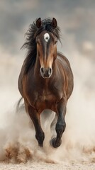 Majestic brown horse gallops through dusty landscape under a cloudy sky