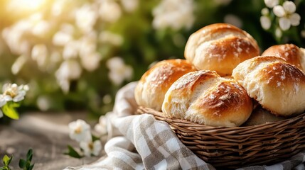 A beautiful arrangement of golden-brown bread rolls in a woven basket, surrounded by delicate flowers, capturing warmth and comfort in a rustic, inviting setting.