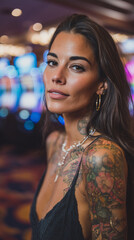 Confident woman with long dark hair and tattoos poses in a vibrant casino with colorful slot machines in the background during an exciting evening