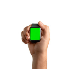 Smartwatch Mockup: A hand holds a smartwatch with a vibrant green screen, ready for your app or design showcase. The focus is on the device and its potential.