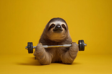 Sloth lifting dumbbell against vibrant yellow backdrop, showcasing fitness and determination with adorable charm
