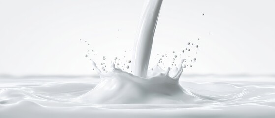 The smooth pouring of milk creating a brilliant splash in a pristine environment.