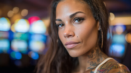 Confident woman with tattoos poses in a vibrant casino, showcasing a stylish look and alluring expression