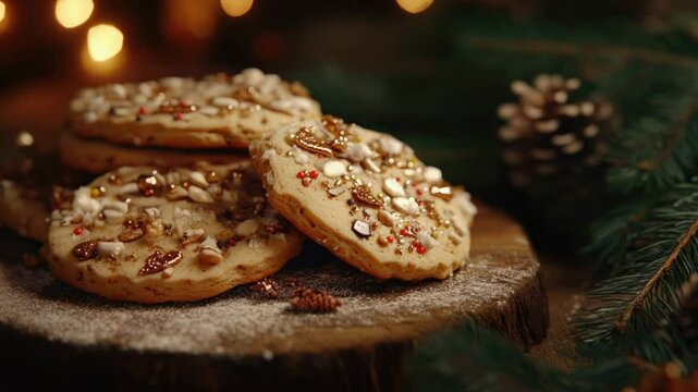Freshly baked cookies piled high on a rustic wooden board, perfect for snacking or serving at a party