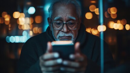 An elderly man with glasses focuses intently on his smartphone, surrounded by a softly lit environment that conveys a contemplative and intimate atmosphere.
